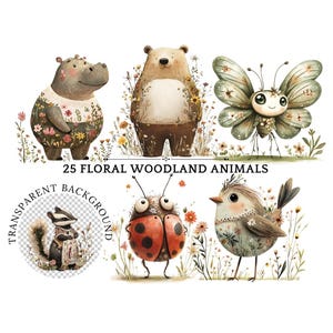 Clipart de animais de berçário de floresta em aquarela | Animais fofos de bebê PNG para arte de parede de berçário | Decoração de chá de bebê boho | Uso comercial para impressão