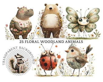 Può includere: Un set di 25 illustrazioni digitali di animali del bosco con motivi floreali. Gli animali includono un orso, una farfalla, una coccinella, un uccello, un ippopotamo e un tasso. Le illustrazioni sono in uno stile fantasioso e sono perfette per l'uso nello scrapbooking, nella creazione di biglietti e in altri progetti di artigianato.