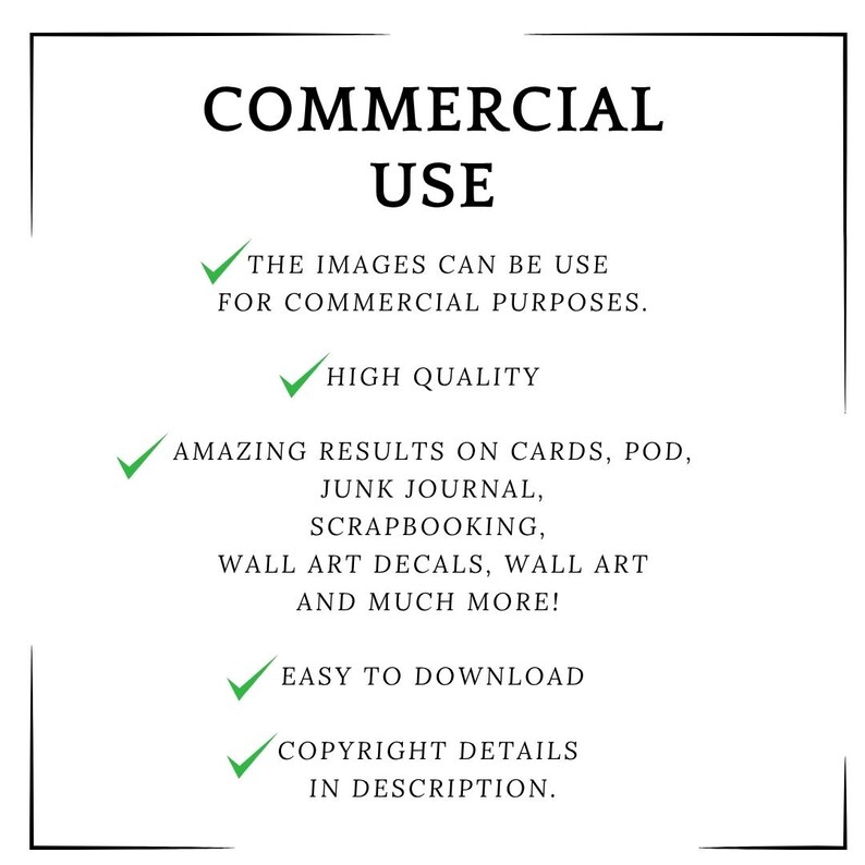 May include: A black and white graphic with the words "COMMERCIAL USE". The text states the images are for commercial purposes, high quality, and easy to download. It also mentions amazing results on cards, junk journals, and wall art.