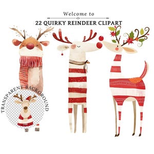 Imágenes prediseñadas de reno peculiar - Gráficos navideños divertidos - Reno de acuarela PNG - Descarga digital - Imágenes prediseñadas de reno peculiar de acuarela