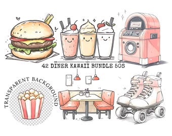 50s Diner Clipart Bundle: Kawaii Vintage Graphics (Digital Download, PNG)