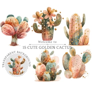 Cactus Clipart PNG Acuarela Cactus Clipart PNG Desierto Minimalista Cactus con Flores Doradas Clip Art, Minimalista Plantas del Desierto Png Instantáneo