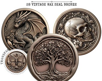 Conjunto de imágenes prediseñadas de sellos de lacre vintage: sellos de bronce PNG (descarga digital)