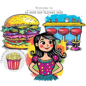 May include: A cartoon illustration of a girl in a pink and white polka dot dress standing in front of a colorful background. She is smiling and has her hands on her hips. Behind her is a counter with stools and a burger with a colorful design.