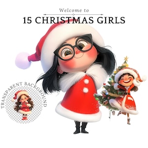 Linda niña navideña clipart, linda muñeca clipart, acuarela clipart, imágenes prediseñadas navideñas, kawaii, pegatinas del planificador, sublimación PNG, comercial