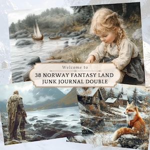 Noorwegen Junk Journal, digitale download van Scandinavische reispagina's, afdrukbaar plakboekpapier voor journaling, fantasiebehangachtergrond