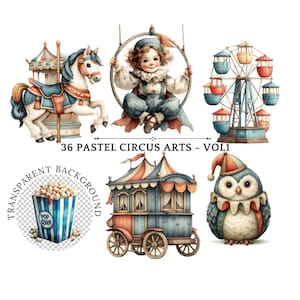 Carpa de circo pastel, lindos gráficos de carnaval en acuarela, descarga digital para decoración infantil, arte de fiesta, circo estilo vintage, VOLUMEN 1