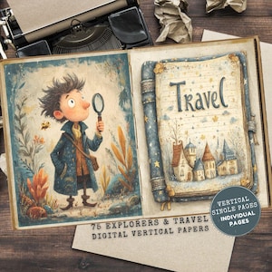 Op de afbeelding: Een open boek met illustraties van een jonge ontdekkingsreiziger en een reisdagboek. De ontdekkingsreiziger houdt een vergrootglas vast. Het dagboek toont een dorpsgezicht en het woord "Travel". Het boek ligt op een houten oppervlak.