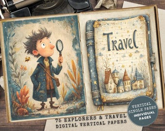 May include: An open book with illustrations of a young explorer and a travel journal. The explorer is holding a magnifying glass. The journal features a village scene and the word "Travel". The book is on a wooden surface.