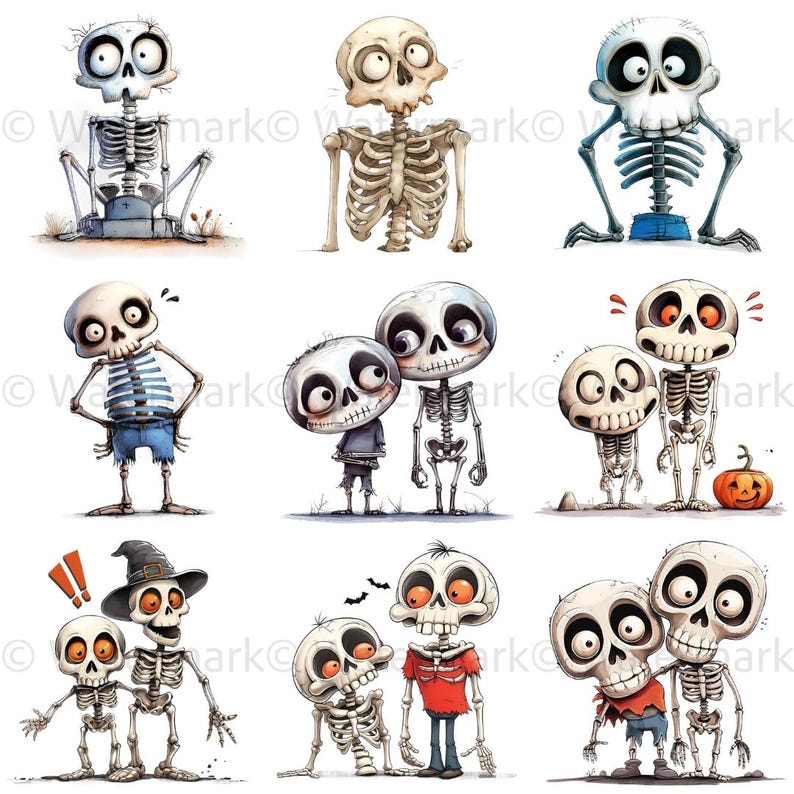 May include: Nine illustrations of cartoon skeletons in various poses. Some skeletons are wearing clothes, some are holding pumpkins, and some are holding hands. The skeletons are all drawn in a whimsical style with bright colors.