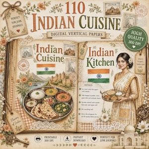 Indiskt receptdagbokskit, traditionella indiska kokbokssidor, asiatiskt kökstryck, utskrivbara indiska papper