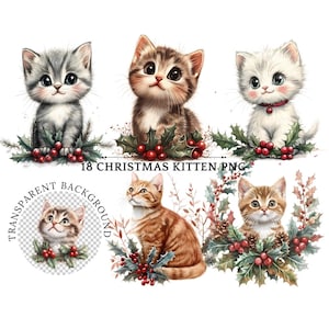 Clipart chaton de Noël PNG, chat mignon avec houx et baies, Illustration vintage dessinée à la main pour cartes de vœux, travaux manuels, déco, amoureux des chats