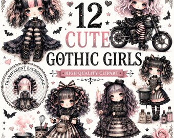 Gothic Doll Clipart PNG: Whimsical Fashion Girls (Digital Download)