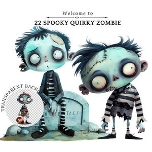 Quirky Zombie Girl Boy Clipart PNG, Cartoon Style, Zombie Doll with Stripes Socks and Beanie Hat, Halloween Crafts and Digital Projects