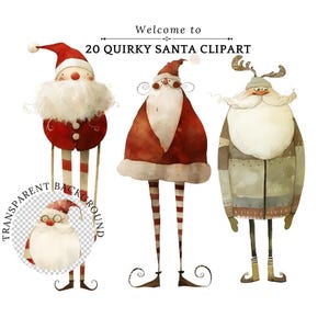 Imágenes prediseñadas de Papá Noel peculiar: ilustraciones navideñas en acuarela: descarga digital para álbumes de recortes: arte lindo: imágenes prediseñadas de Papá Noel caprichosas