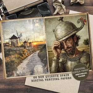 以下が含まれることがあります： ドン・キホーテとスペインの風車のイラストが描かれたデジタルバーティカルペーパー。左側には夕焼け時の風車、右側には鎧を着たドン・キホーテが描かれています。「66 Don Quixote Spain Digital Vertical Papers」と「Vertical Single Pages Individual Pages」の文字があります。