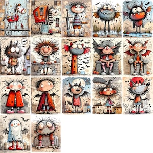 May include: A collection of whimsical, illustrated cards featuring various cartoon monsters and creatures. Each card showcases a unique character with distinct features, such as bat wings, horns, and expressive faces. The artwork has a vintage, hand-drawn style with a muted color palette.