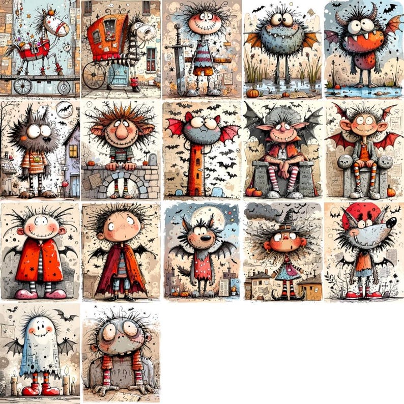 May include: A collection of whimsical, illustrated cards featuring various cartoon monsters and creatures. Each card showcases a unique character with distinct features, such as bat wings, horns, and expressive faces. The artwork has a vintage, hand-drawn style with a muted color palette.