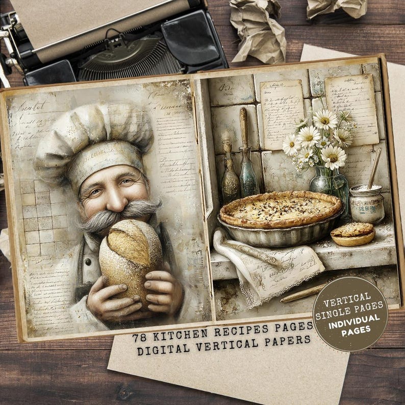 May include: Digital vertical papers with 78 kitchen recipes. The image shows a vintage-style illustration of a chef holding bread, with a pie and flowers. The design includes text that reads "Vertical Single Pages Individual Pages".