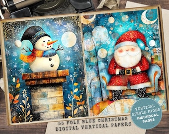 Folk Christmas Junk Journal: Blue Holiday Whimsical Printable Ephemera (Full Letter Size)