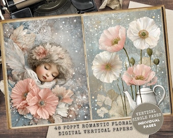 May include: Digital vertical papers featuring a sleeping angel surrounded by pink poppies and a teapot illustration. The image has a vintage aesthetic with a soft color palette of pink, white, and blue. The text reads "48 Poppy Romantic Floral Digital Vertical Papers."