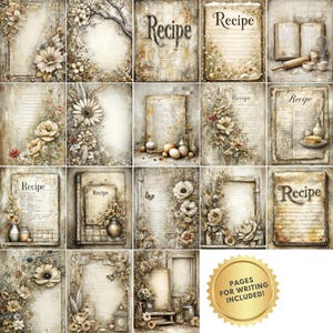 May include: A selection of vintage recipe pages with floral and botanical illustrations. The pages feature the word "Recipe" in elegant script, with some pages including lined spaces for writing. A gold seal reads "Pages for Writing Included!"