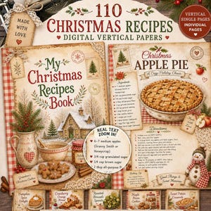 May include: A digital collection of 110 Christmas recipes on vertical papers. The pages feature vintage-style illustrations of a gingerbread house, a snowman, and a Christmas apple pie recipe with ingredients and directions in English.
