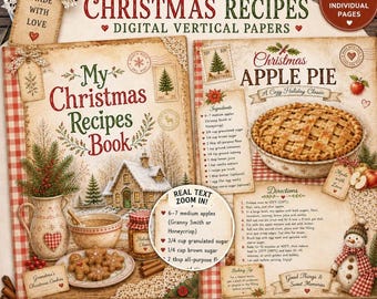 Christmas Recipe Journal Kit, Holiday Cookbook Pages, Vintage Kitchen Ephemera, Festive Baking Printables