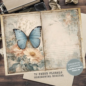 Puede incluir: Diario abierto con una mariposa azul claro y flores color melocotón en la página izquierda. La página derecha tiene un diseño floral y papel rayado. Texto: "72 Faded Florals Horizontal Digital" y "Horizontal Landscape Double Pages 27,9x21,6 cm."