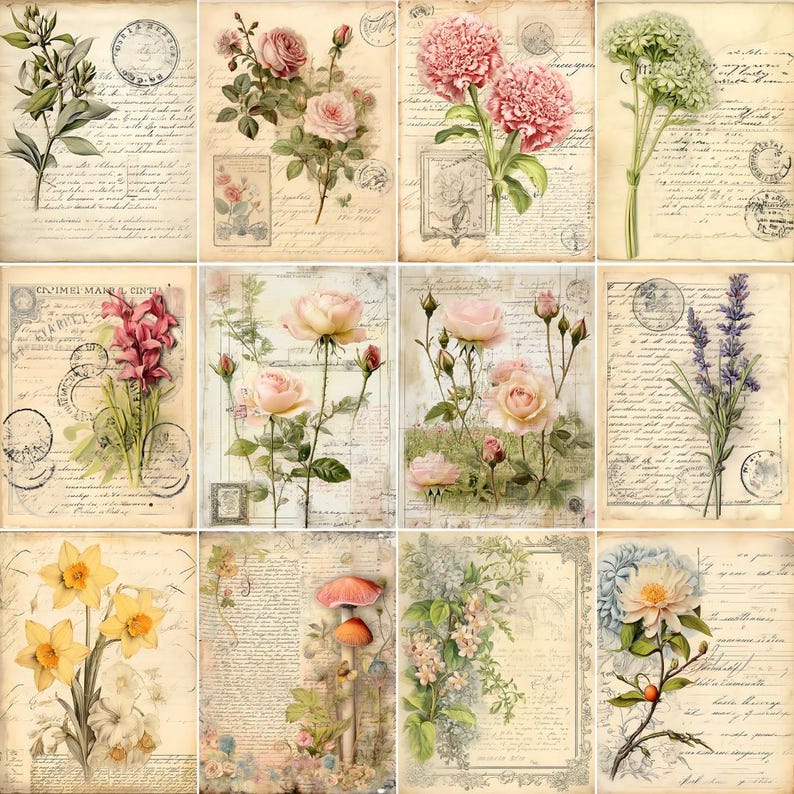 Puede incluir: Una colecci&oacute;n de estampas bot&aacute;nicas de estilo vintage con diversas flores, como rosas, peon&iacute;as y lavanda. Cada estampa tiene un aspecto descolorido y envejecido con escritura manuscrita y sellos postales, creando una est&eacute;tica nost&aacute;lgica. La paleta de colores incluye rosas, amarillos y verdes suaves.