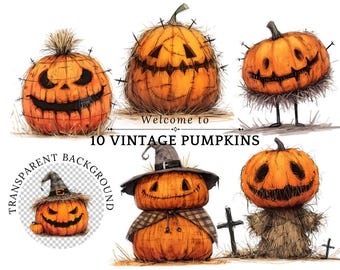 Vintage Halloween-pumpa Clipart, pumpor i kostymer (digital nedladdning i PNG)