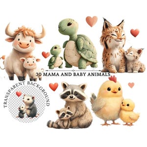 Watercolor Mama and Baby Animals Clipart - Cute Kawaii Clipart for Mother's Day - Digital Download Scrapbooking - Clipart for Mother's Day