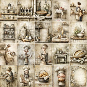 May include: A collection of sepia-toned illustrations featuring kitchen scenes and baking themes. The images show shelves with kitchenware, a pie, and a loaf of bread. The illustrations have a vintage aesthetic, with people and baking tools.