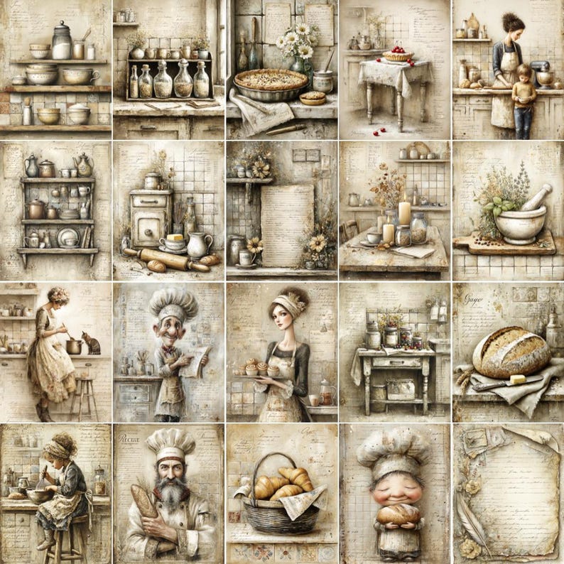 May include: A collection of sepia-toned illustrations featuring kitchen scenes and baking themes. The images show shelves with kitchenware, a pie, and a loaf of bread. The illustrations have a vintage aesthetic, with people and baking tools.