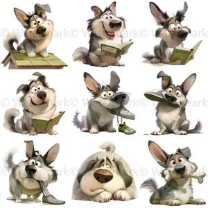 May include: A collection of cartoon dogs in various poses. Some dogs are reading books, holding shoes, or sitting on a rooftop. The dogs are primarily gray and white with expressive faces and large ears. The overall theme is playful and whimsical.