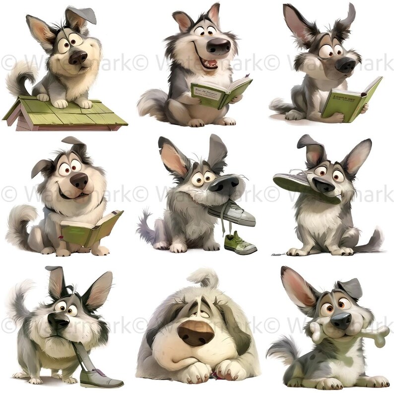 May include: A collection of cartoon dogs in various poses. Some dogs are reading books, holding shoes, or sitting on a rooftop. The dogs are primarily gray and white with expressive faces and large ears. The overall theme is playful and whimsical.