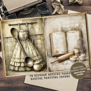 May include: Digital vertical papers with a vintage kitchen theme. The image shows an apron, wooden spoons, and a whisk. The right side displays open recipe books, a rolling pin, and small bowls. The text reads "78 Kitchen Recipes Pages Digital Vertical Papers."