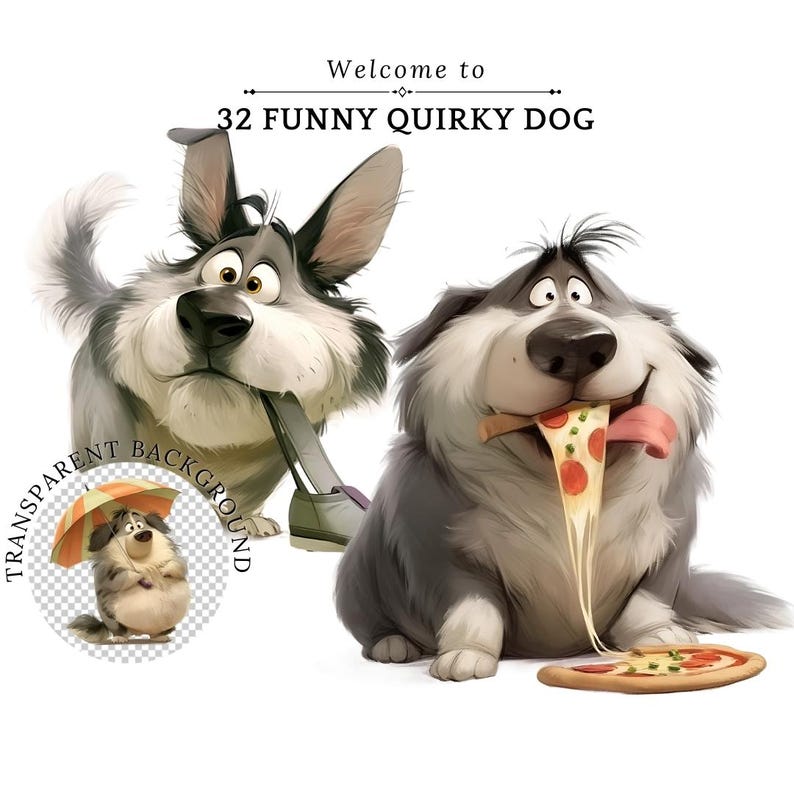 May include: Illustration of two cartoon dogs. One dog is holding a shoe in its mouth, and the other is eating a slice of pizza with cheese stretching from its mouth. The image includes the text "Welcome to 32 FUNNY QUIRKY DOG" and a smaller image of a dog with an umbrella.