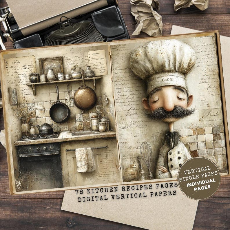 May include: An illustrated open book featuring a kitchen scene and a chef character. The illustration includes a stove, pots, and pans. Text on the page reads "78 Kitchen Recipes Pages Digital Vertical Papers" and "Vertical Single Pages Individual Pages."
