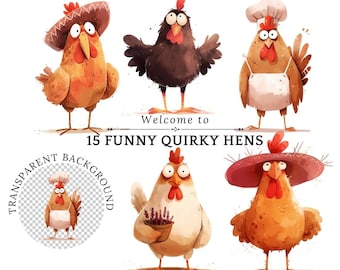 Watercolor Quirky Chicken PNG Clipart: Funny Bird Designs (Digital Download)