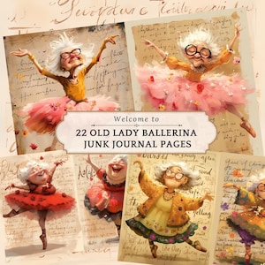 22 Old Lady Ballerina Junk Journal, Pink Ballerina, Digital Floral Collage Sheet, Printable Scrapbook Kit, Single pages, Ballet Theme Paper