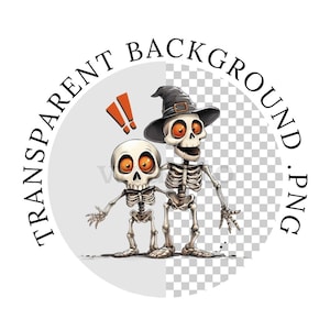 May include: Two cartoon skeletons, one wearing a witch's hat, with orange eyes and a surprised expression. The smaller skeleton is holding the larger skeleton's hand. The background is transparent.