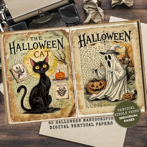 以下が含まれることがあります： ヴィンテージスタイルのハロウィーンをテーマにした2ページ。1つは、黄色の目をした黒猫、カボチャ、そして「The Halloween Cat」というテキストが特徴です。もう1つは、幽霊、カボチャ、お化け屋敷が描かれています。テキストは「Halloween」と書かれています。
