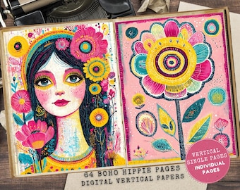 Colorful Boho Junk Journal Pages: Bohemian Ephemera, Hippie Girls (Digital Download)