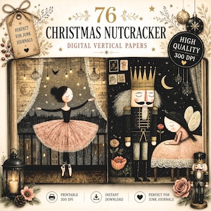 Könnte beinhalten: Eine digitale Sammlung von 76 vertikalen Weihnachtsnussknacker-Papieren mit Illustrationen einer Ballerina, eines Nussknackerkönigs und einer Fee. Die Seiten enthalten Text wie 76 CHRISTMAS NUTCRACKER DIGITAL VERTICAL PAPERS und HIGH QUALITY 300 DPI.