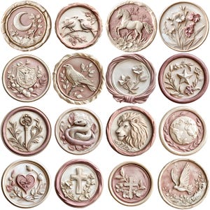 May include: Set of 15 decorative wall plaques with various designs, including a crescent moon, a bird, a horse, flowers, a key, a snake, a lion, a globe, a cross, a dove, and a heart. The plaques are all round and have a light pink background with white details.