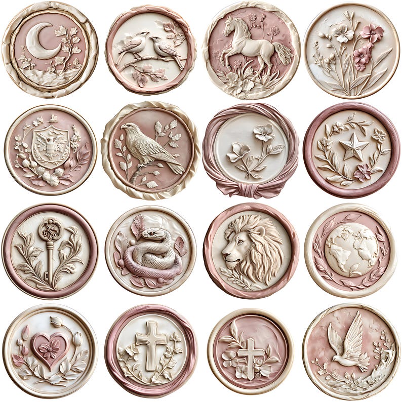 May include: Set of 15 decorative wall plaques with various designs, including a crescent moon, a bird, a horse, flowers, a key, a snake, a lion, a globe, a cross, a dove, and a heart. The plaques are all round and have a light pink background with white details.