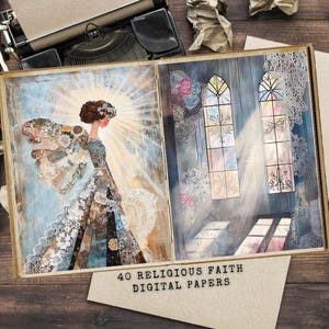 Papel digital para diario basura con ángeles cristianos, arte religioso, collage de encaje estilo vintage para álbumes de recortes y manualidades, uso comercial