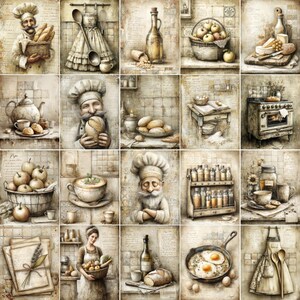 May include: A collection of vintage-style illustrations showcasing kitchen scenes. The images feature chefs, baked goods, cooking utensils, and ingredients such as apples, cheese, and spices. The colour palette is warm, with sepia tones and a rustic aesthetic.