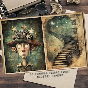 Printable Surrealism Digital Paper - Fantasy Landscape - Download Junk Journal - Scrapbooking Supplies - Whimsical Celestial Junk Journal